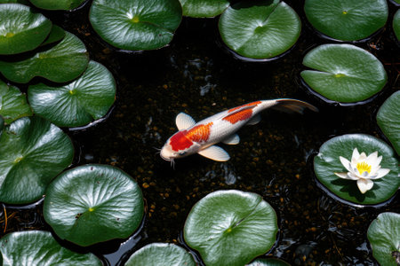 Koi fish swimming in a lily pond.の素材