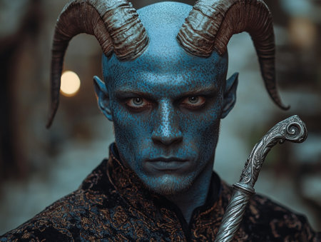 A blue-skinned horned man with a sword stares intensely.の素材