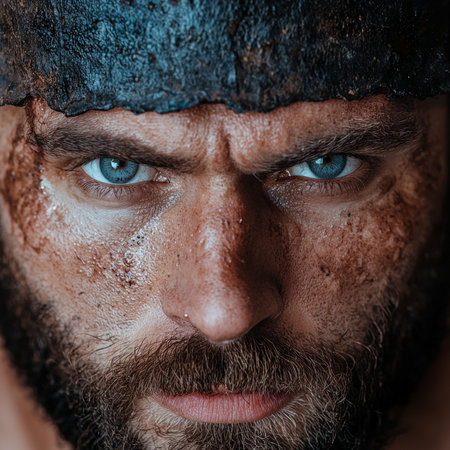 Intense close-up of a man with piercing blue eyes and a determined expression.の素材