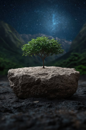 A lone tree grows on a rock under a starry night sky.の素材