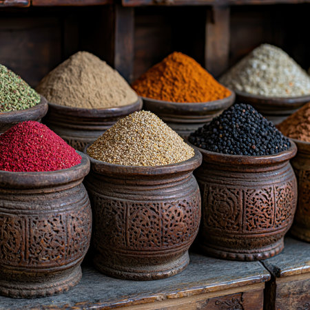 A variety of colorful spices in wooden bowls.の素材