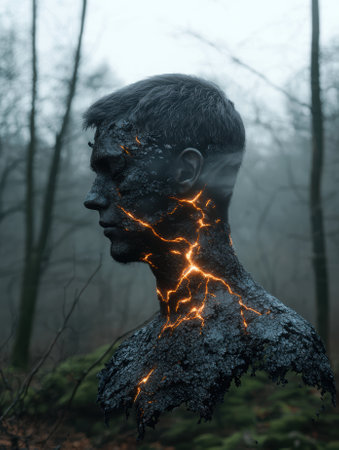 Man with cracks of light on his skin in a dark forest.の素材