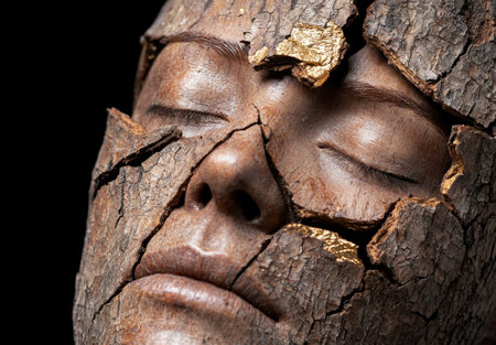 A cracked mask reveals golden beauty beneath.の素材
