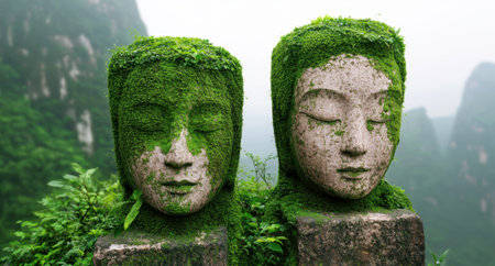 Two mossy stone buddha statues in a lush green landscape.の素材