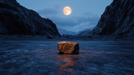 A solitary rock sits in a desolate landscape under a full moon.の素材