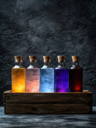 Colorful potions in glass bottles with cork stoppers.の素材