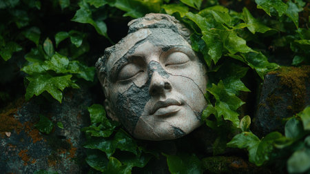 Ancient broken statue head surrounded by ivy.の素材