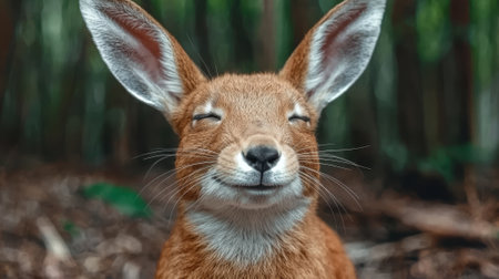 A smiling fox with rabbit ears in a forest.の素材