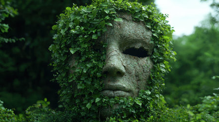 Stone face covered in lush green ivy in a forest setting.の素材