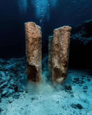 Underwater rock formations with bubbles rising to the surface.の素材