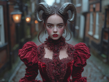 A woman with horns in a red dress standing in a street.の素材