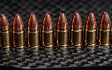 Ammunition lined up on a textured surface.の素材