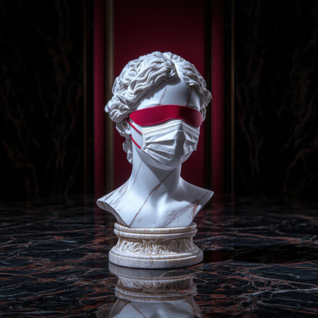 A bust of a person wearing a face mask and blindfold.の素材