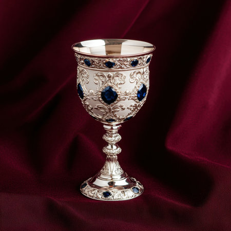Ornate silver goblet with blue gemstones on red velvet.の素材