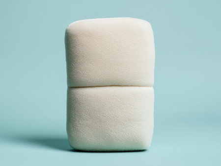 Stacked white towels on a blue background.の素材
