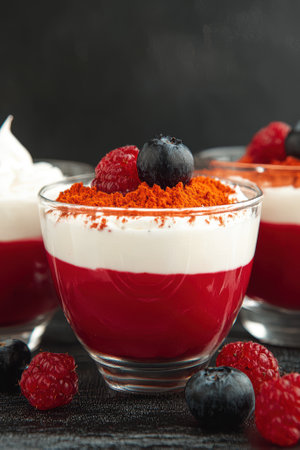 Delicious dessert with red jelly, cream, and fresh berries.の素材