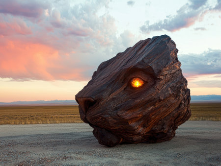 A stone lion sculpture with glowing eyes sits in a desert landscape at sunset.の素材