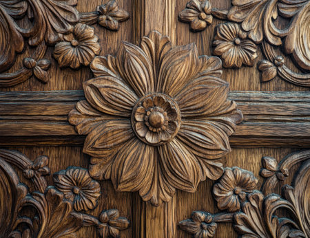 Detailed wood carving of a flower on a door.の素材