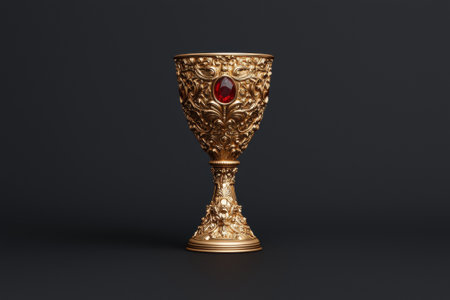 Ornate golden goblet with a red gem on a dark background.の素材