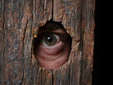 Eye peering through a hole in wood, creating a mysterious and intense scene.の素材