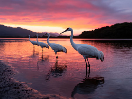Sandhill cranes wading in water at sunset.の素材