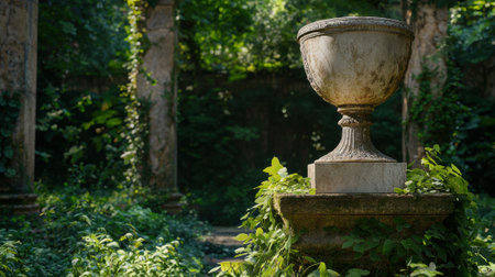 An old stone urn in a lush garden.の素材