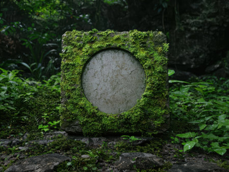 Mossy stone monument in a lush forest.の素材