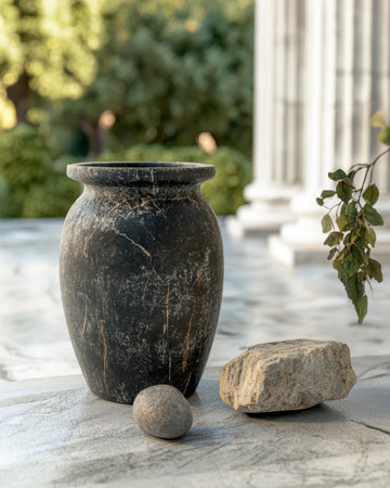 A weathered vase sits on a marble surface, with a stone and greenery nearby.の素材
