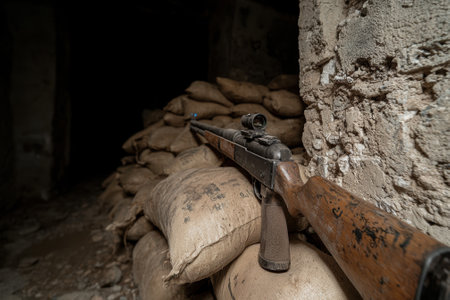 Rifle resting on sandbags in a bunker.の素材