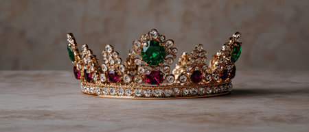 A golden crown with emeralds, rubies, and diamonds.の素材
