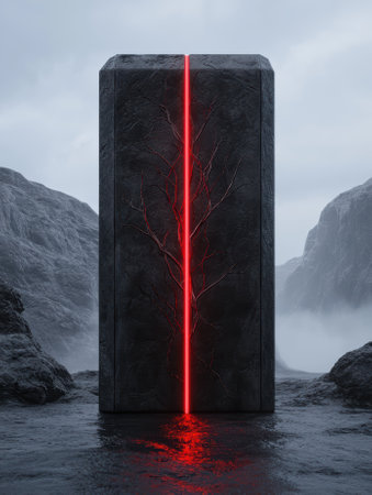Monolith with glowing red light in a landscape.の素材