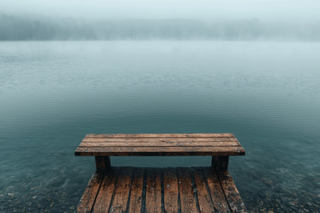 A wooden dock extends into a misty lake.の素材