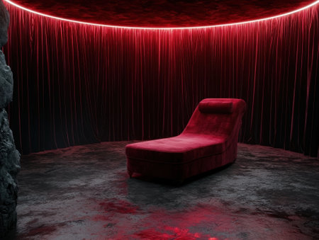 Dramatic red velvet stage curtain with chaise loungeの素材