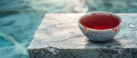 A cup of steaming red tea sits on a stone ledge.の素材
