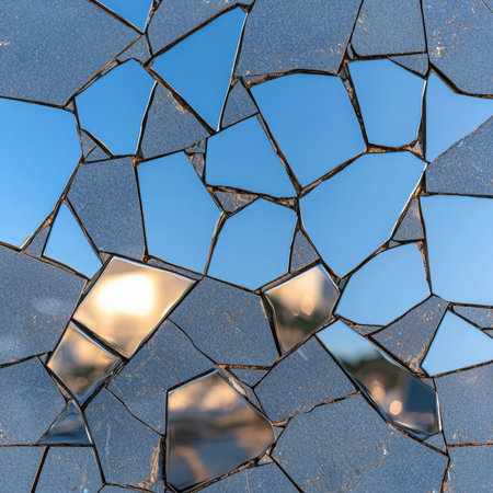 Abstract mosaic mirror reflecting the sky and sun.の素材