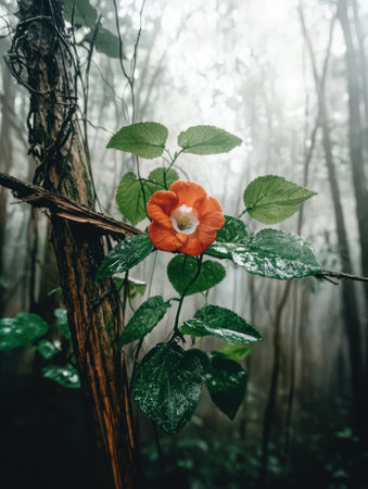 A vibrant orange flower blooms in a misty forest.の素材
