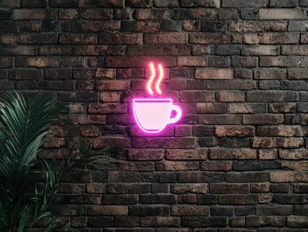A neon coffee cup sign on a brick wall.の素材