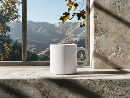 White mug on a windowsill with a mountain view.の素材