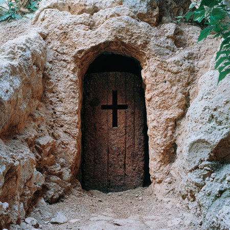 Ancient stone tomb with a cross carved into the door.の素材