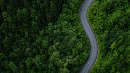 Winding road through a dense green forest.の素材
