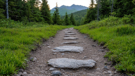 A scenic hiking trail leads through a lush green forest towards distant mountains.の素材