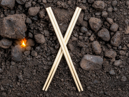 Chopsticks in an X shape on dark soil with a small flame.の素材