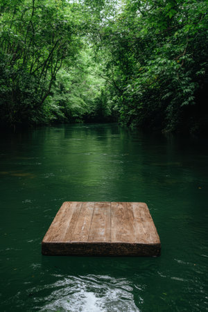 Wooden platform floating on a river surrounded by lush green trees.の素材