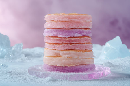 A stack of colorful pancakes on a snowy surface.の素材