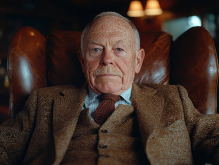 Portrait of an elderly man in a tweed suit sitting in a leather armchair.の素材