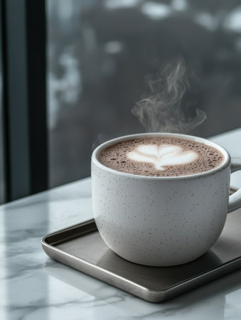 A cup of hot chocolate with latte art on a marble table.の素材