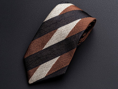 A brown, black, and beige striped tie on a black background.の素材