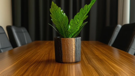 Indoor plant on a wooden conference table in a meeting room.の素材