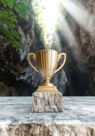 A golden trophy sits on a stone pedestal in a cave with light streaming from above.の素材
