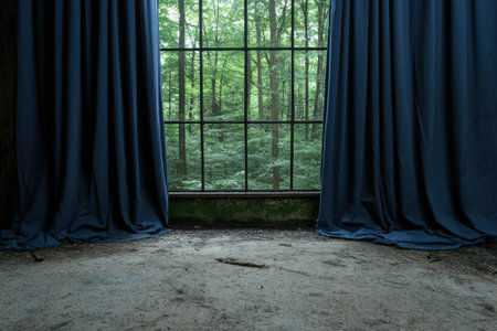 A view of a forest through a window with blue curtains.の素材